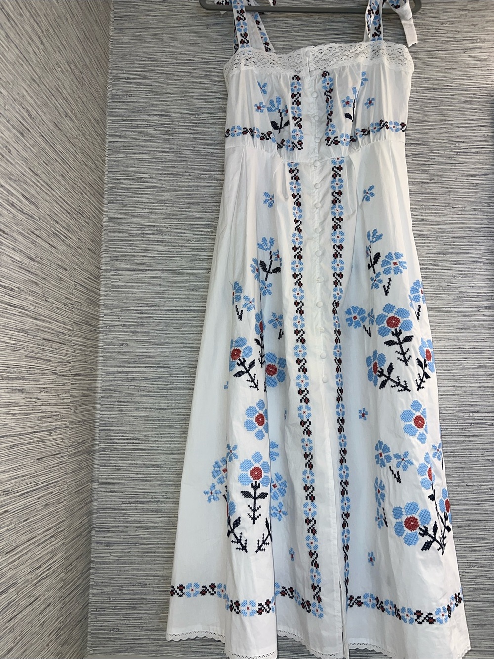 White Embroidered Maxi Dress with Blue & Red Floral Accents